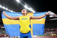 Armand Duplantis of Team Sweden celebrates after the Men's Pole Vault Final at the Tokyo 2020 Olympic Games. (Photo by Matthias Hangst/Getty Images)